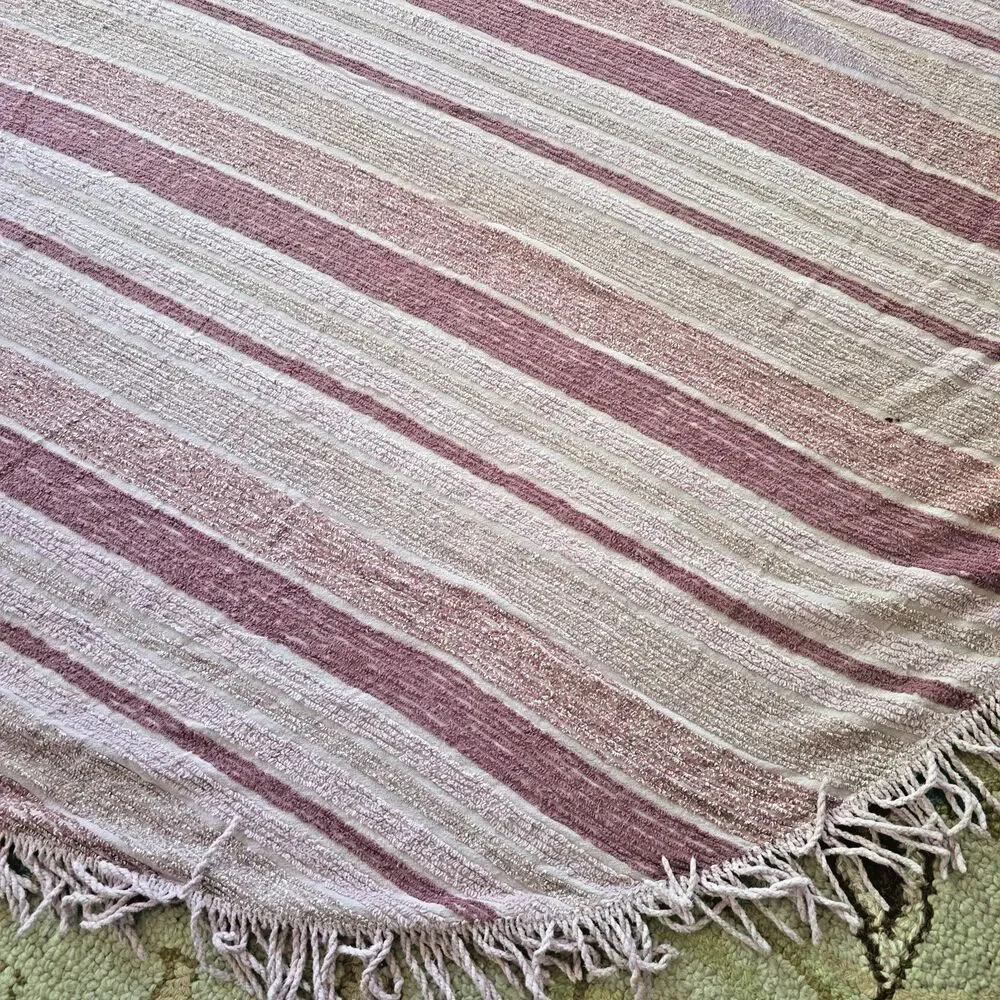 Vintage Pink Chenille Bedspread 101x90 Striped Fringe Cottage Full Queen